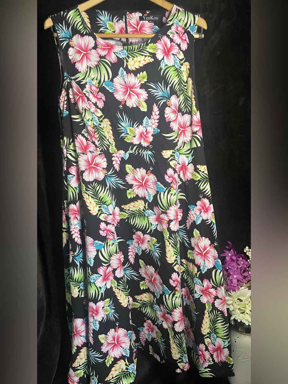 Yeokou Black Tropical Floral Midi Dress Size-XL
